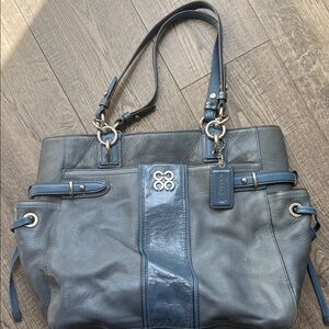 Coach Gray and Blue Leather Shoulder Tote with Charm